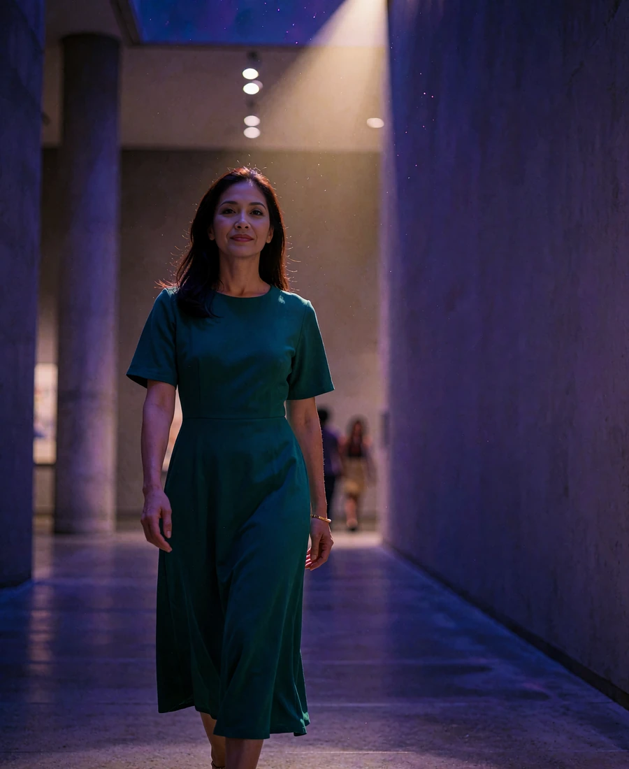 Filipina member in an emerald midi dress walking through a modern gallery atrium