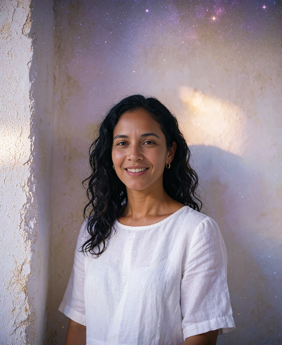 Timorese woman in a crisp white linen dress smiling warmly with natural eye contact