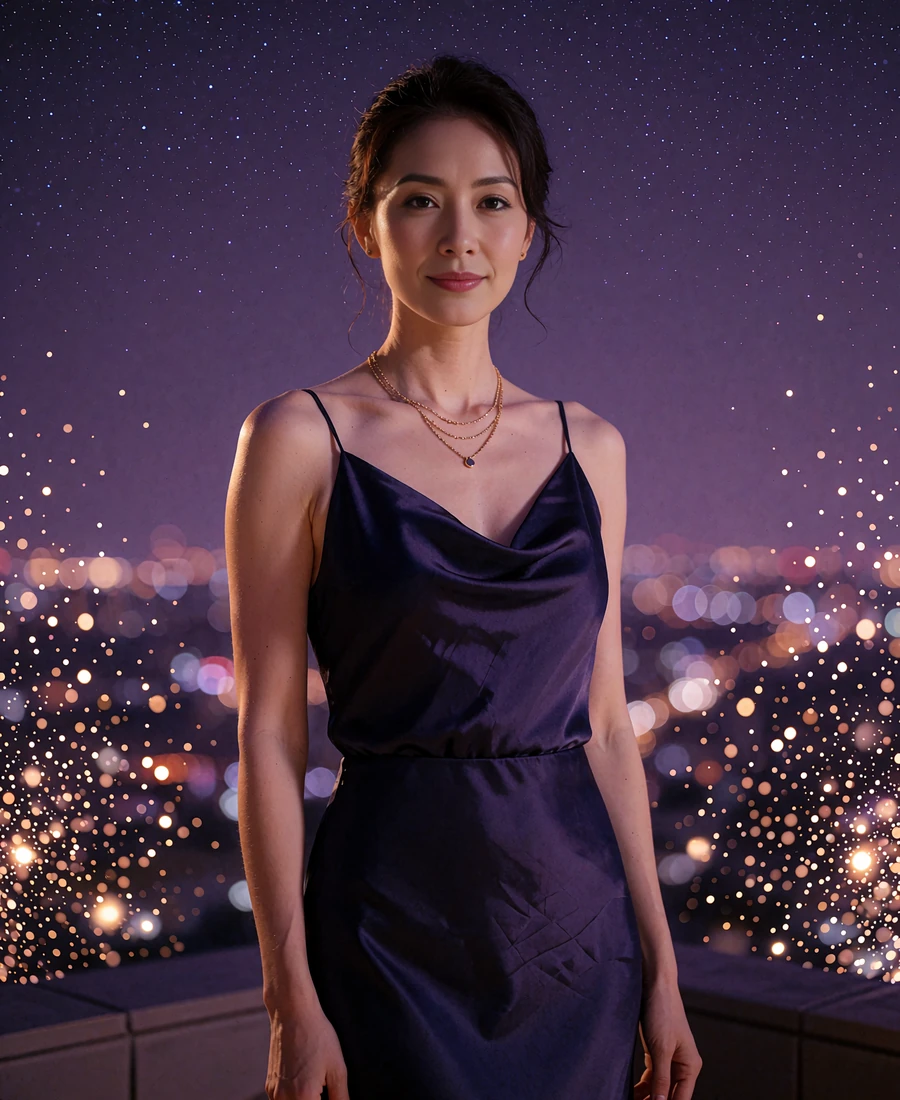 Taiwanese member in a midnight blue dress on a rooftop lounge at night with city lights behind her