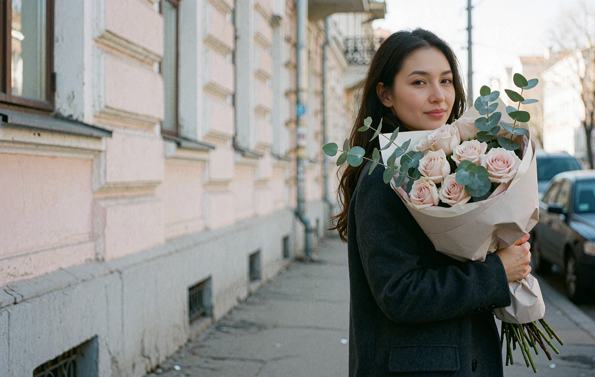 Central Asian woman in a charcoal coat holding a large bouquet of pale roses on a city sidewalk