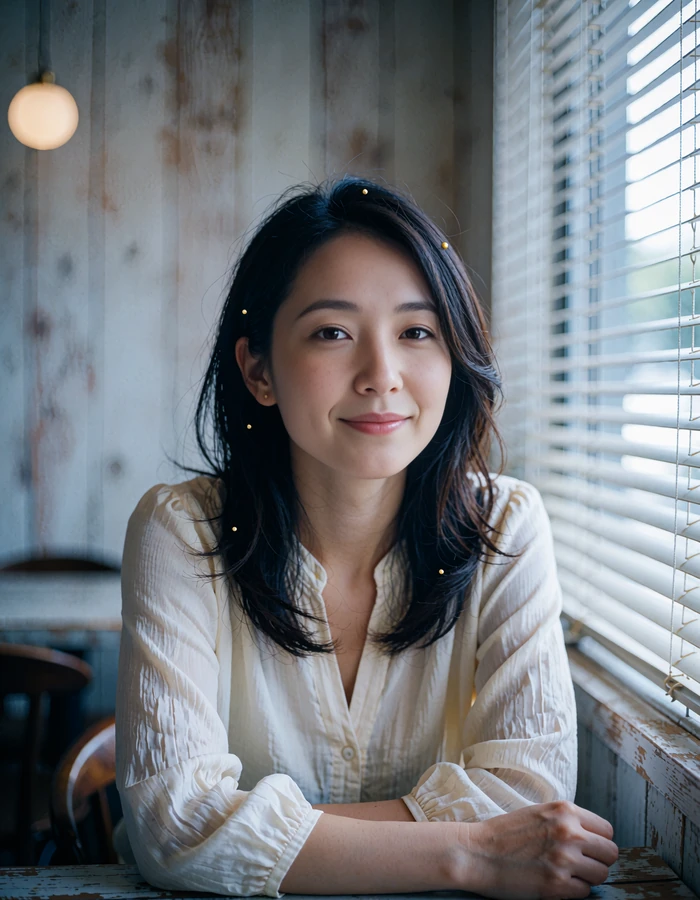 Japanese member with a warm smile seated at a small cafe table in soft daylight