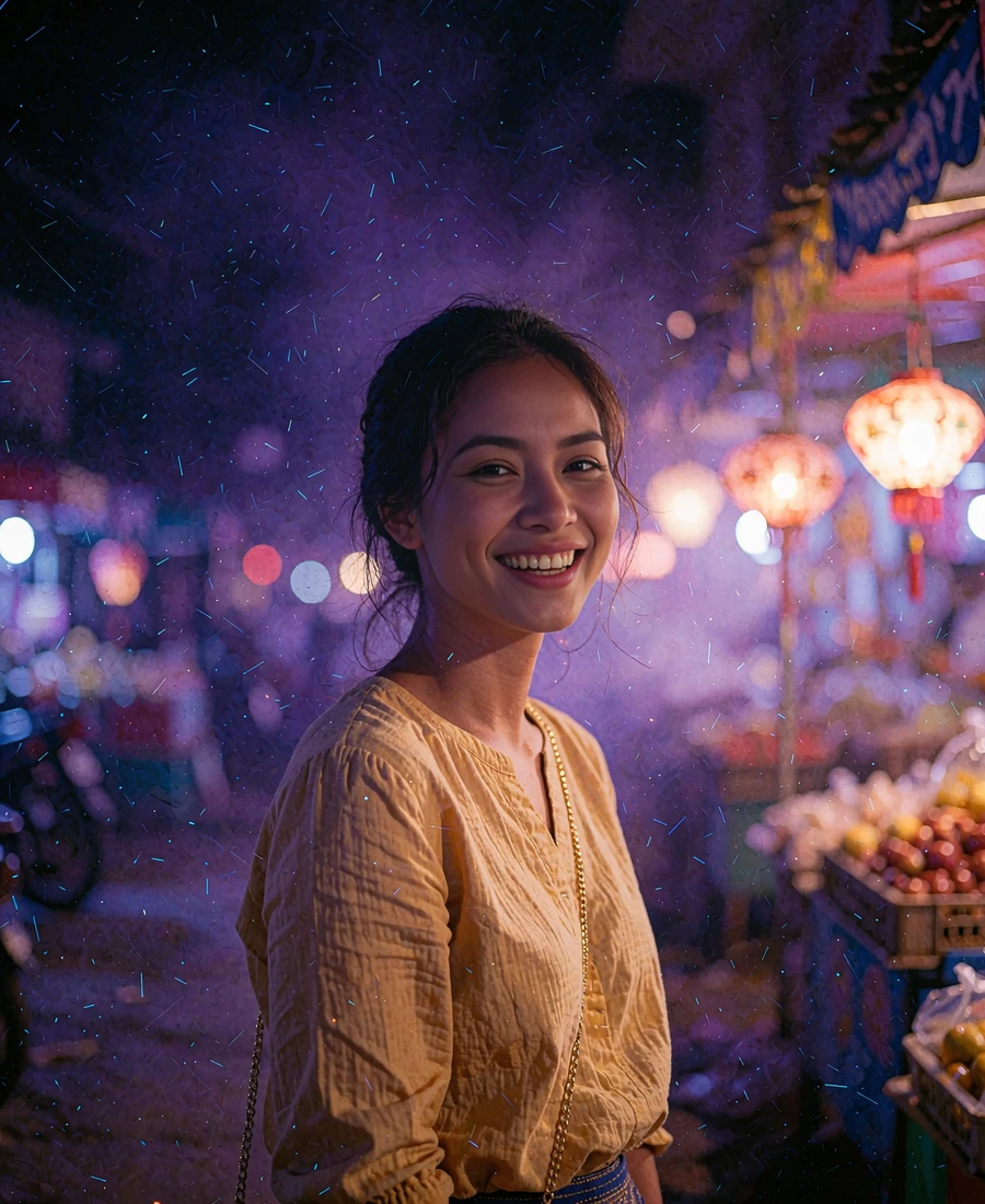 Cambodian member in a mustard-gold blouse smiling on a softly lit evening street