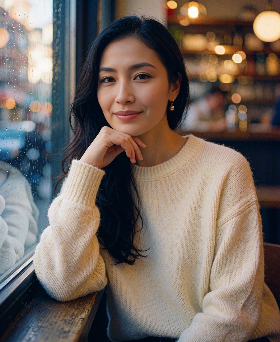 Kazakh member in a cream knit sweater seated by a café window in Almaty