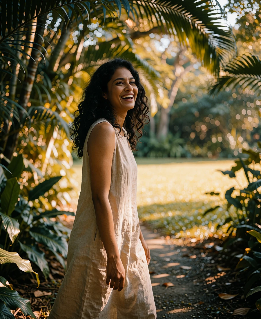 Singaporean Indian member in a sand-coloured linen dress walking along a shaded botanic garden path