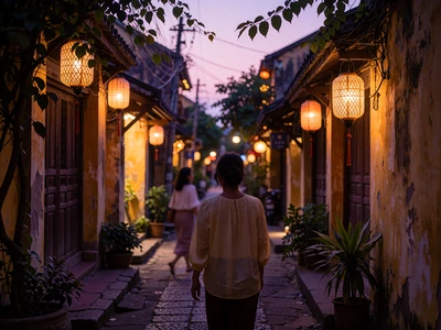 Narrow Southeast Asian old-quarter lane at dusk with warm hanging lanterns and a woman walking away through the centre