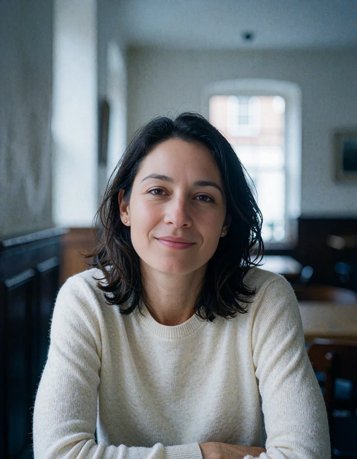 Nepali member in a cream knit top smiling at a quiet upscale cafe table