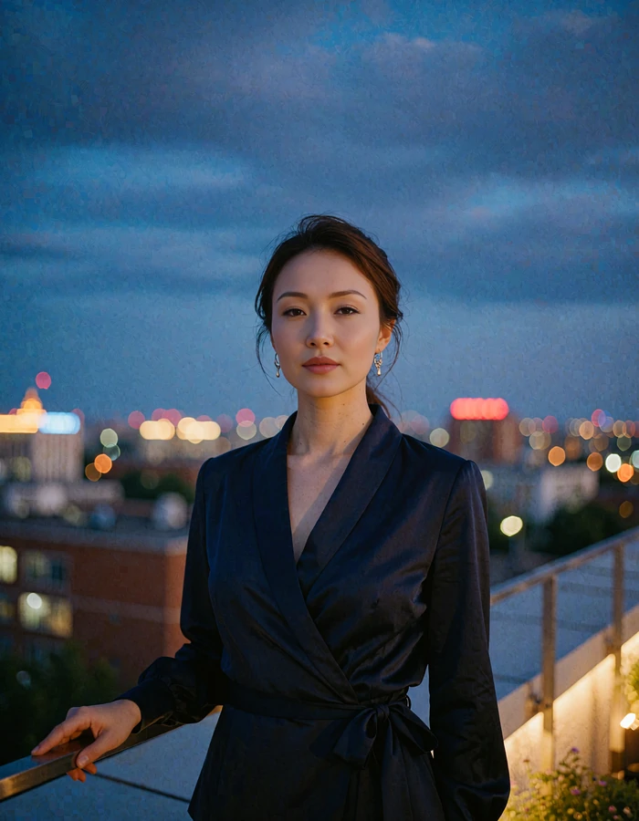 Mongolian woman in a navy wrap blouse standing on a rooftop terrace at dusk