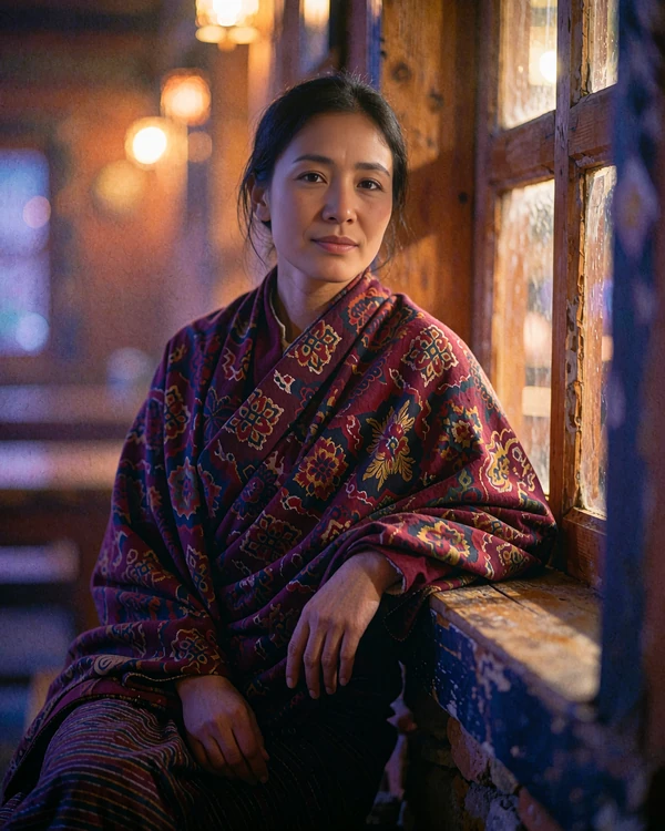 Bhutanese member in a maroon patterned wrap seated by a window in a warm mountain teahouse