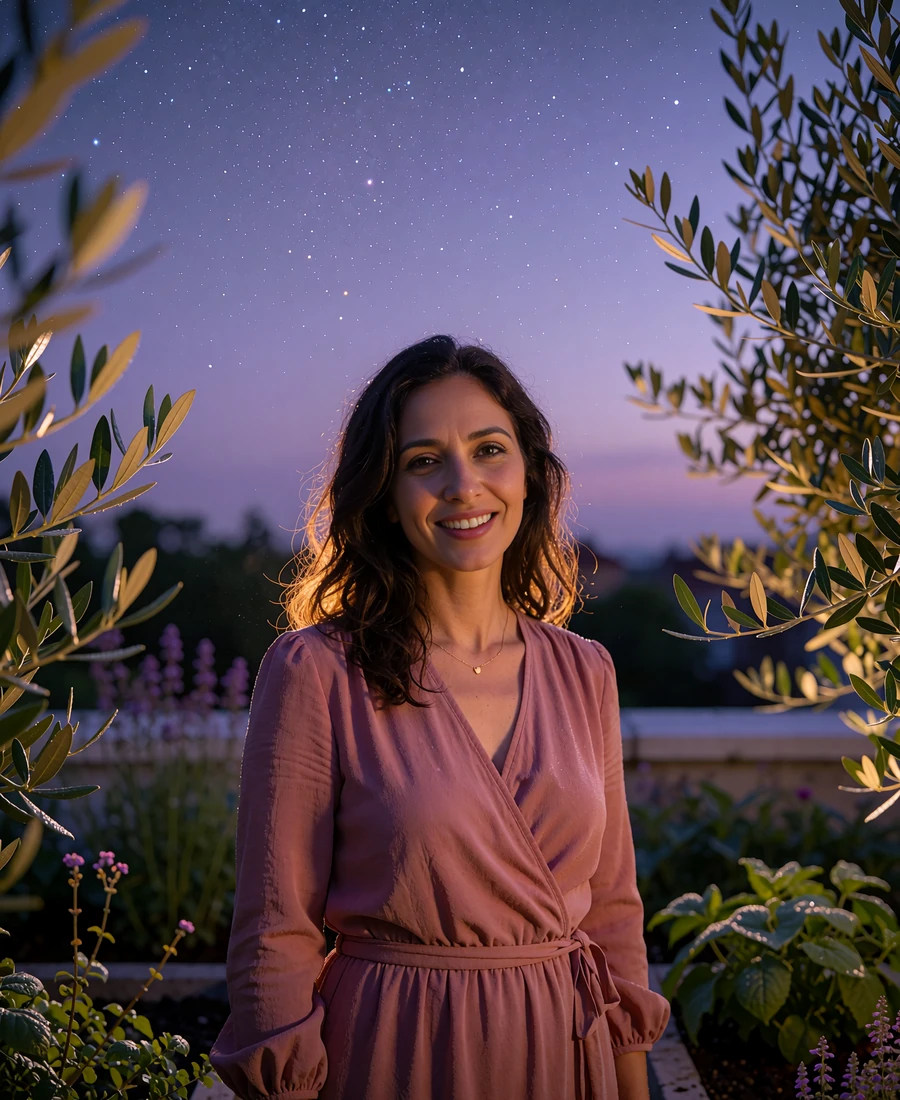 Afghan-heritage member in a dusty-rose wrap dress standing in a planted rooftop garden at dusk