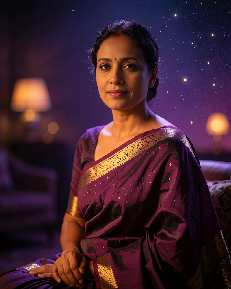 Bangladeshi member in a plum silk sari seated in a warmly lit upscale interior