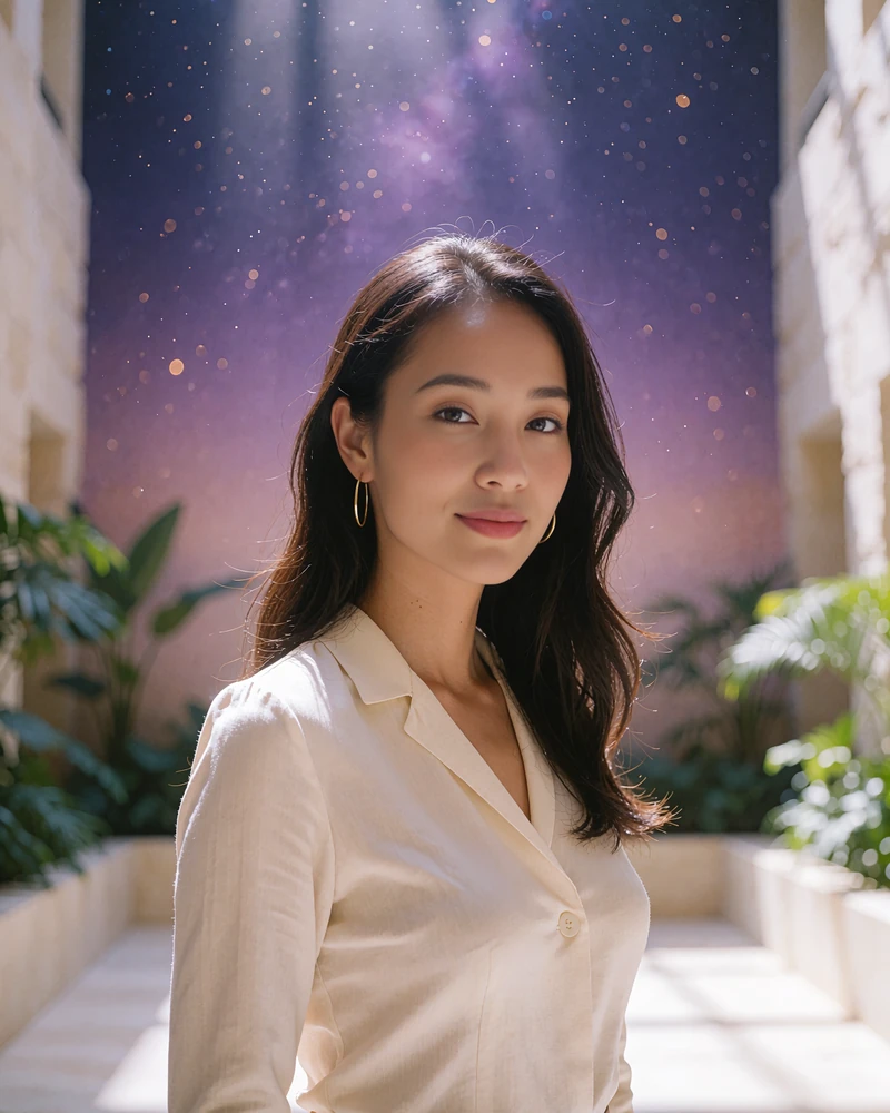 Vietnamese member in an ivory blouse standing in a bright hotel atrium with soft green foliage behind her
