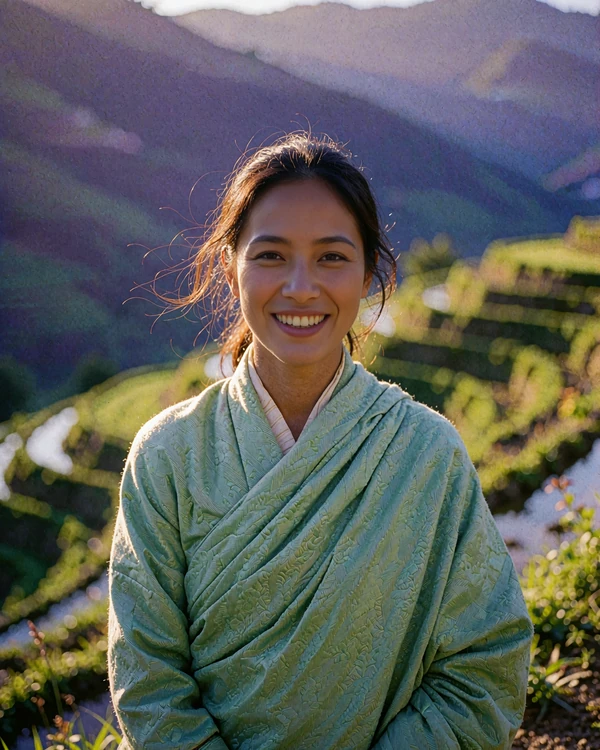 Bhutanese member in a jade-green woven wrap standing at the edge of terraced mountain fields