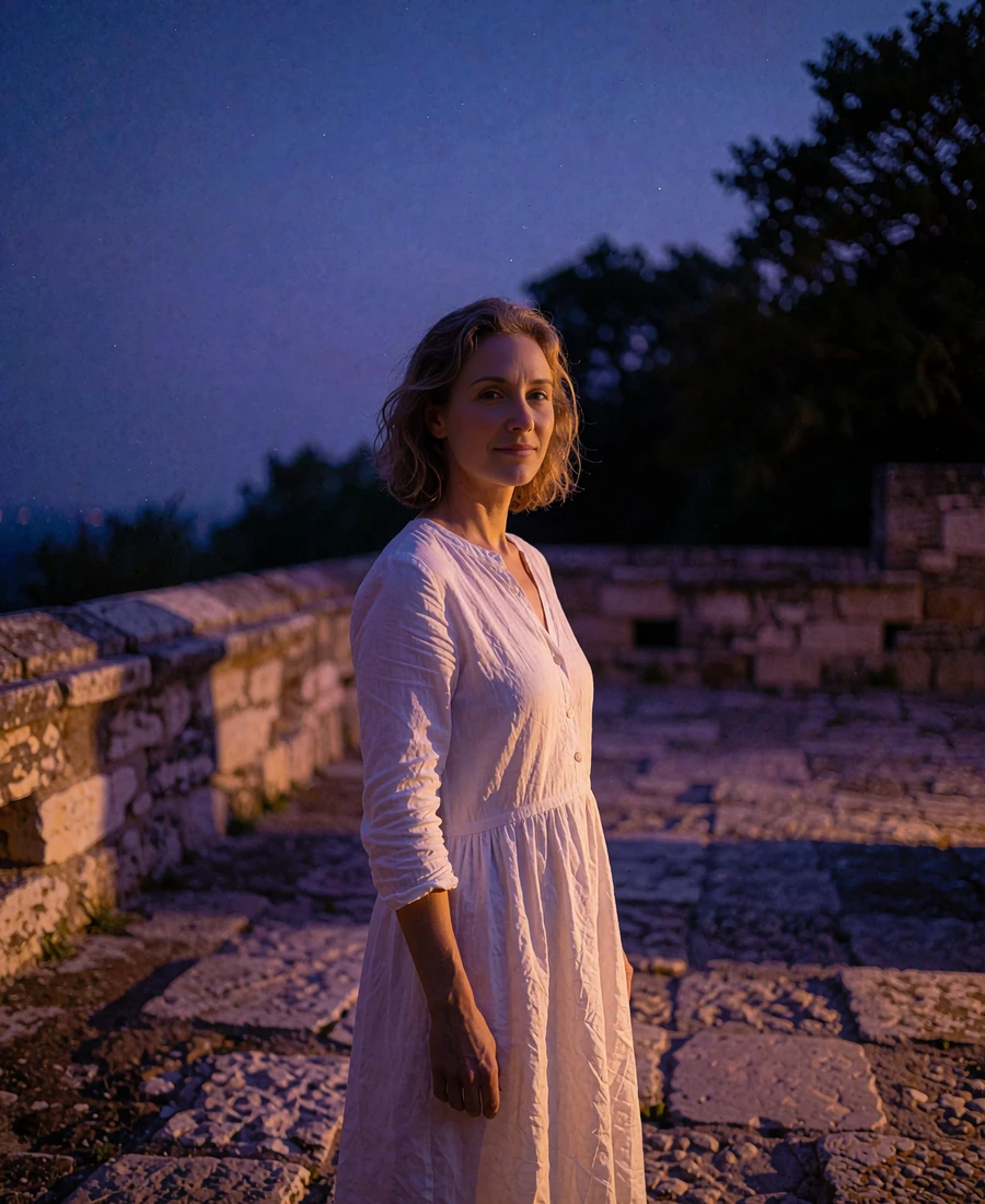 Thai member in a white cotton dress standing in a quiet stone courtyard at dusk