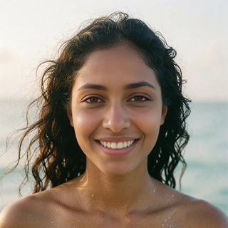 Maldivian member portrait taken on a shoreline with sea breeze lifting her hair
