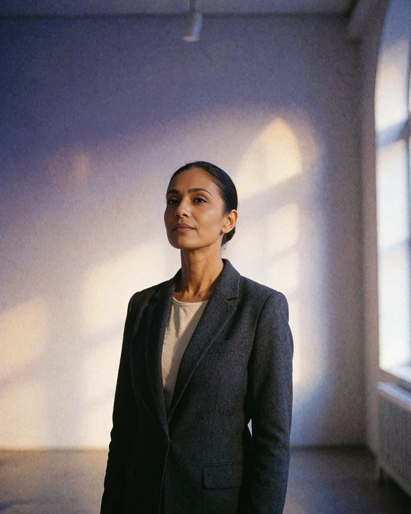 Indian member in a charcoal blazer standing in a minimal art gallery interior