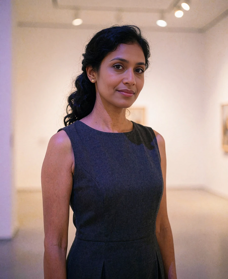 Malaysian Indian member in a charcoal dress standing in a contemporary art gallery