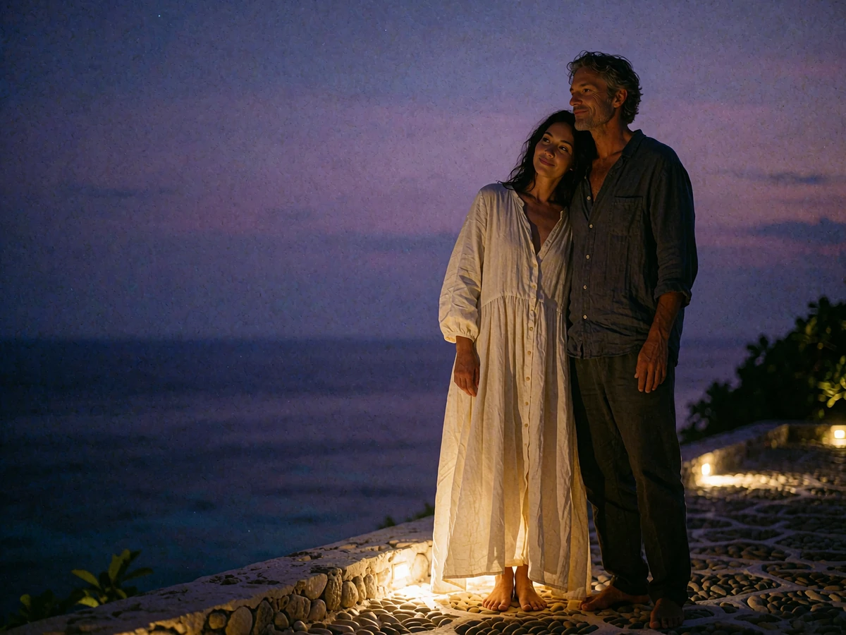 Indonesian woman and Western man standing together on an island terrace at night after meeting through an international dating platform