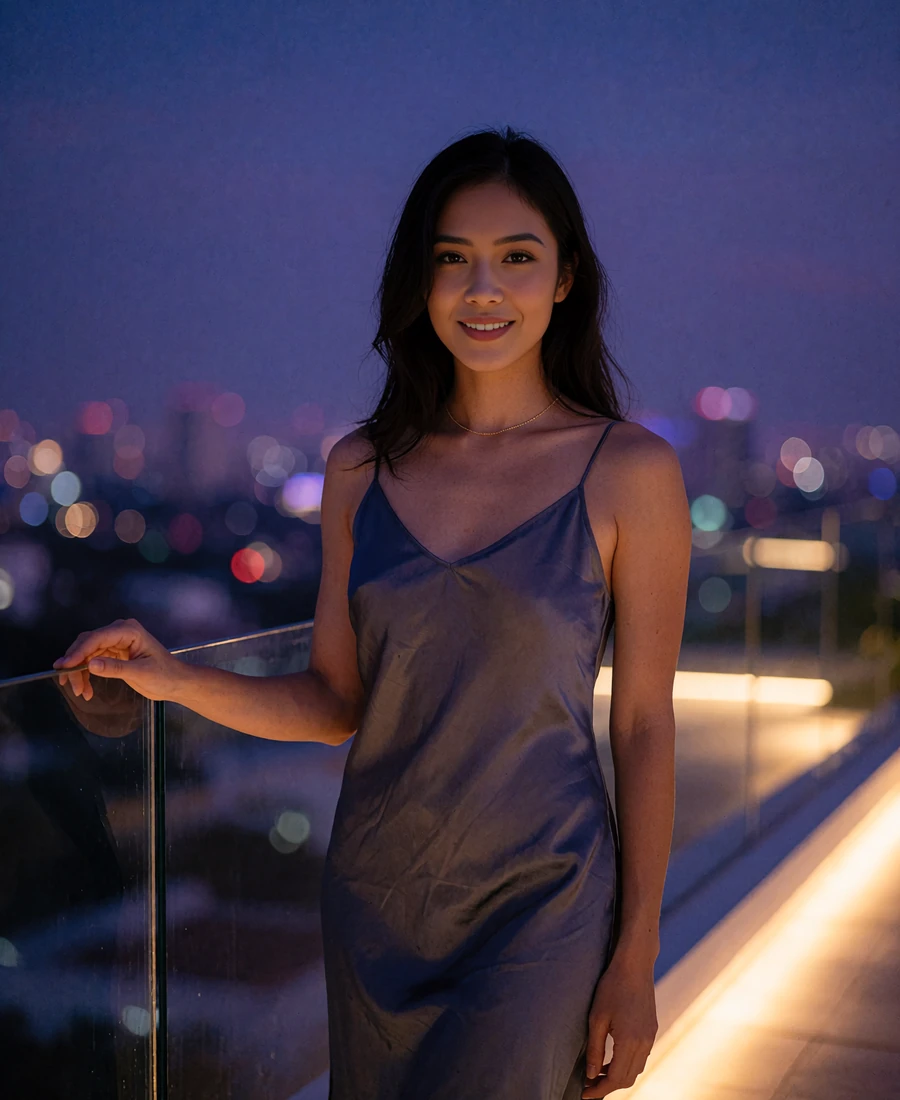 Filipina member in a slate-grey silk dress standing on a rooftop lounge at blue hour