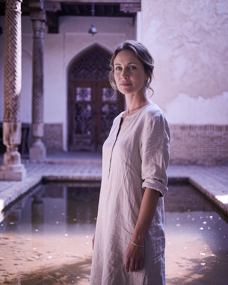 Uzbek member in a pale linen dress standing beside a reflecting pool in a shaded Bukhara courtyard