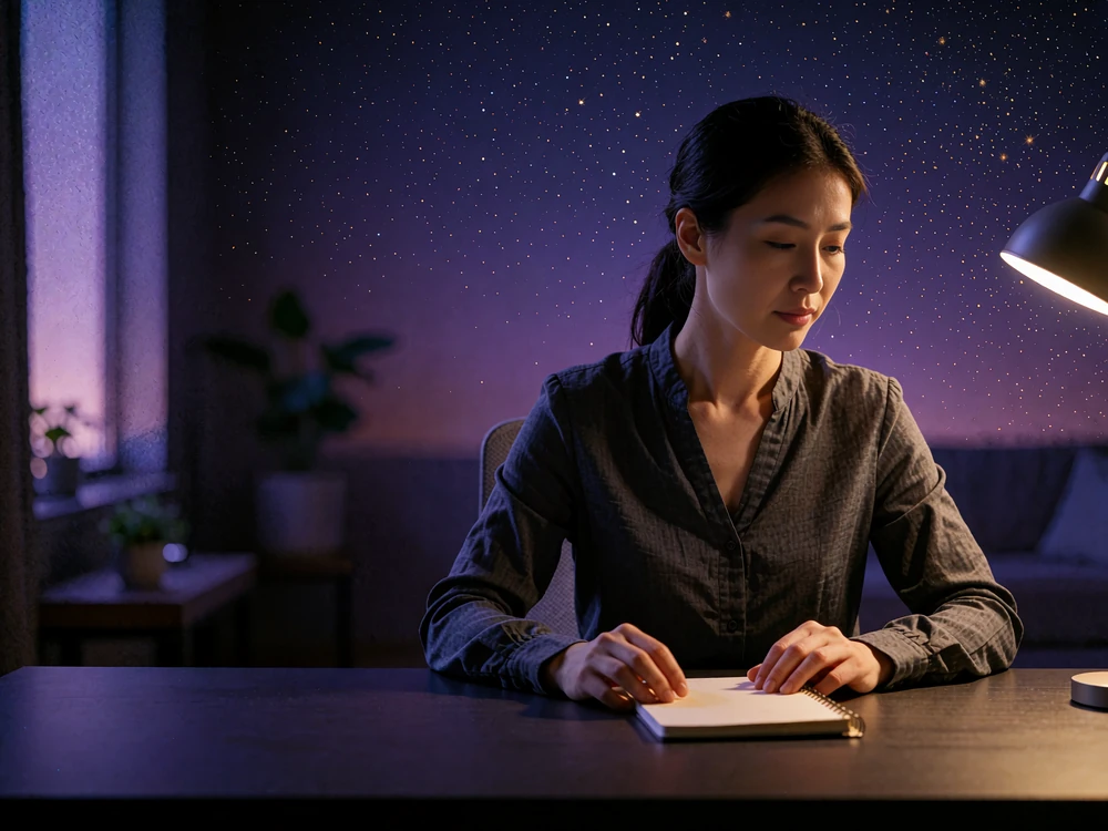 Asian woman in a charcoal blouse reviewing profile records at a clean desk at night