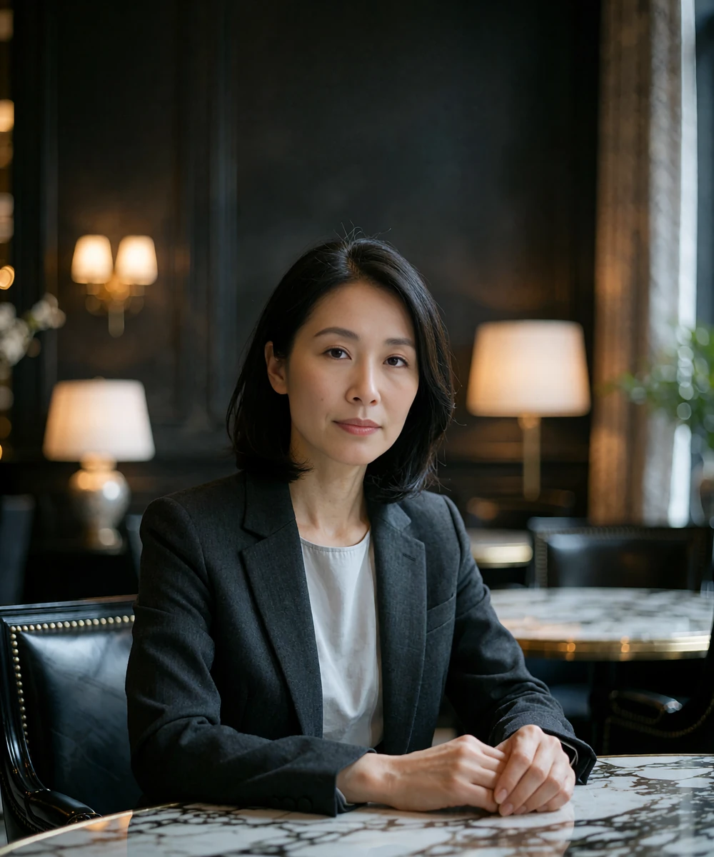 Poised Asian professional in a tailored charcoal blazer seated at a marble café table in a quiet high-end interior