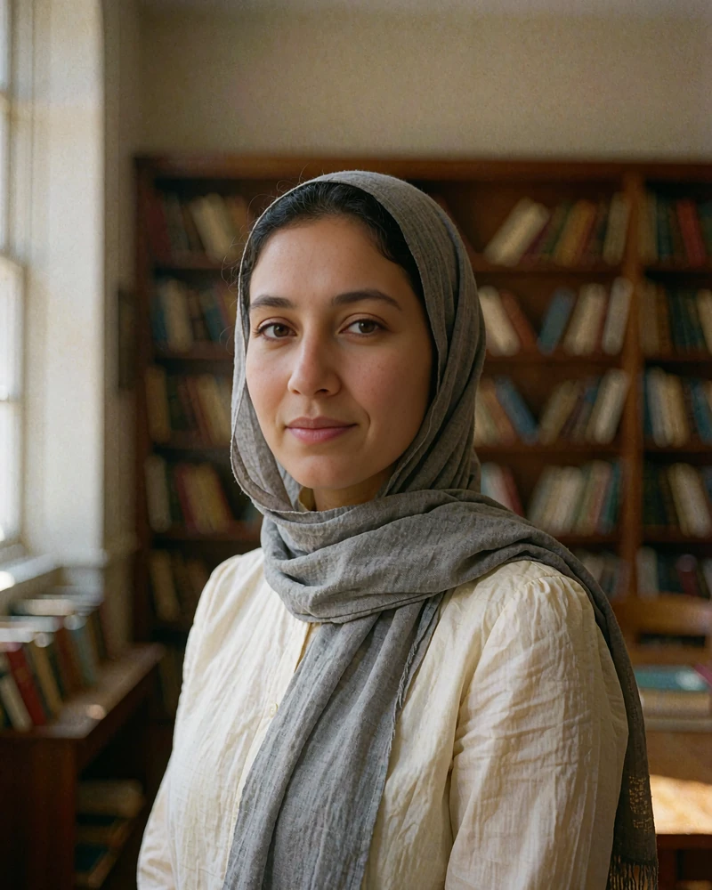 Yemeni member in a grey headscarf and ivory blouse standing in a quiet reading room