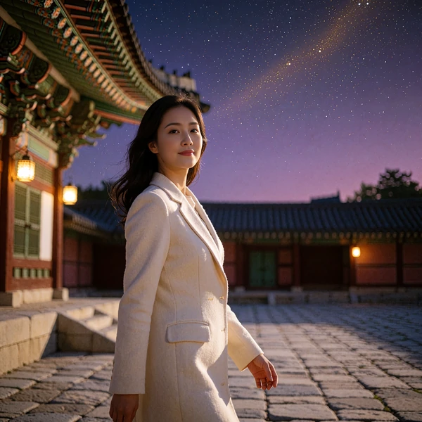 Korean woman in an ivory coat walking through a historic palace courtyard