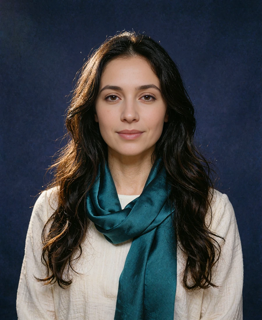 Tajik member in a teal silk scarf photographed against a deep indigo studio backdrop