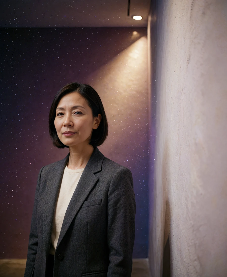 Taiwanese member in a charcoal blazer in a minimal art gallery interior