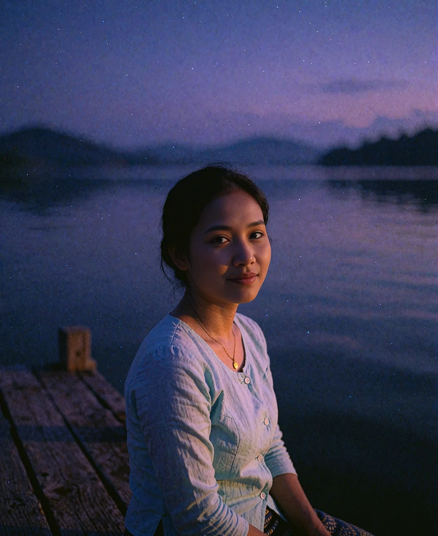 Burmese member in a pale blue blouse seated on a wooden lakeside pavilion at sunset