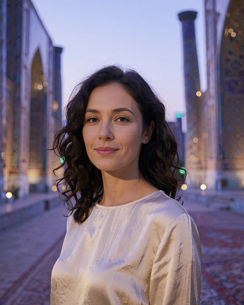Uzbek member in a cream silk blouse standing in a Samarkand square at dusk with tiled facades blurred behind her