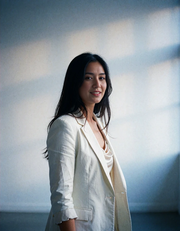 Nepali member in an ivory blazer walking through a bright minimalist gallery space