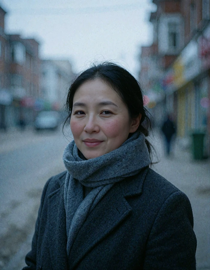 Mongolian woman in a charcoal wool coat standing on a quiet city street in cold daylight