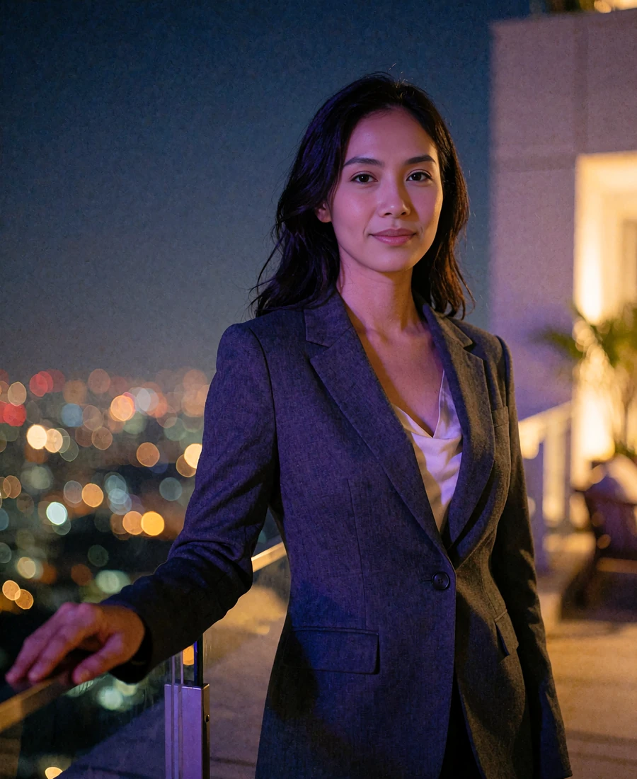 Indonesian member in a charcoal blazer standing on a rooftop lounge at night in Jakarta