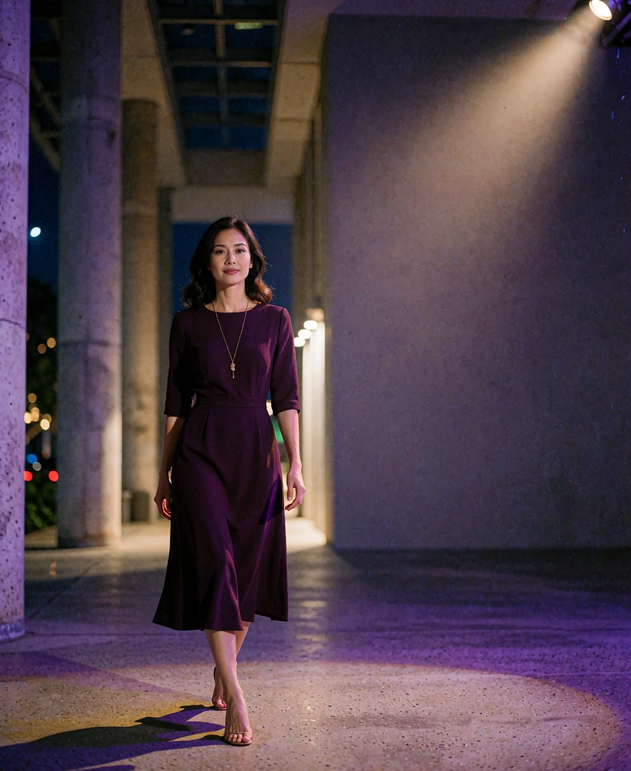 Indonesian member in a plum midi dress walking through a modern atrium in Surabaya