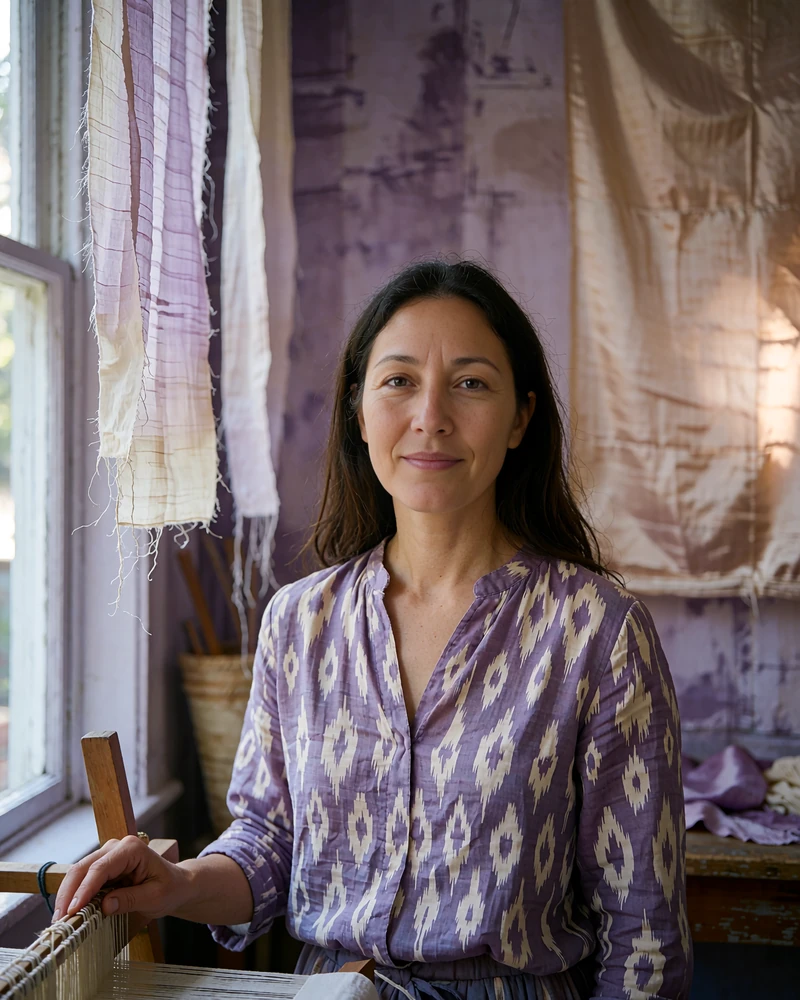 Uzbek member in a violet ikat-patterned blouse standing beside a wooden loom in a quiet silk atelier
