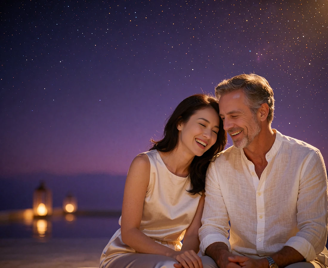 Vietnamese woman and Western man sitting together on an open-air terrace at night after meeting through an international dating platform