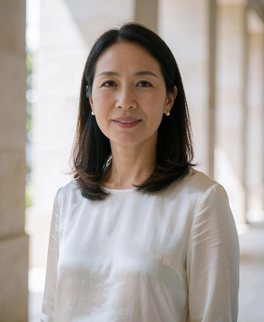 Singaporean Chinese member in a white silk blouse standing in a bright minimalist office atrium