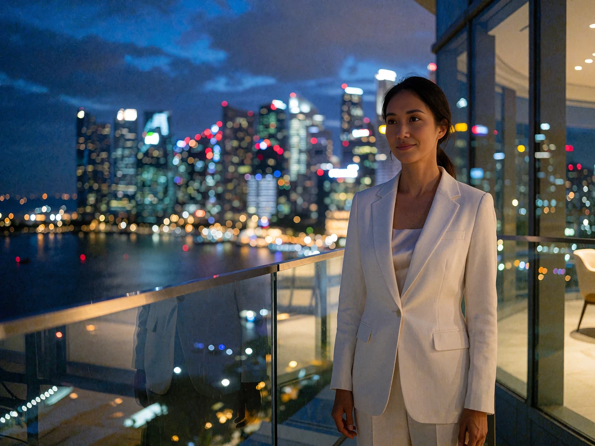 Singaporean professional woman in a cream blazer standing on a rooftop terrace above the bay skyline at blue hour