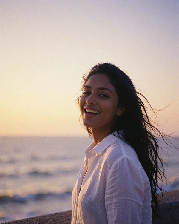 Indian member in a white linen shirt standing on a seaside promenade at golden hour