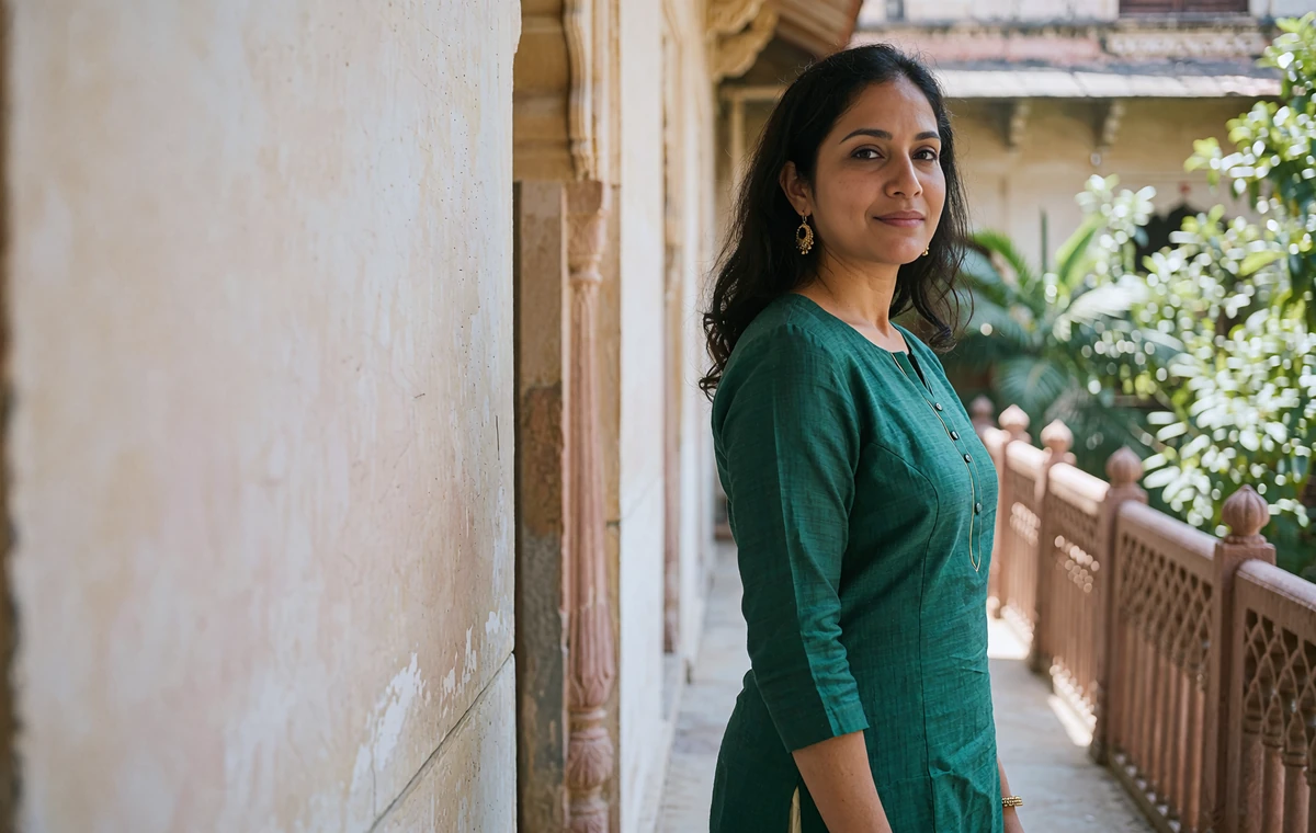 Indian woman in an emerald kurta standing on a shaded heritage terrace with a calm, confident smile