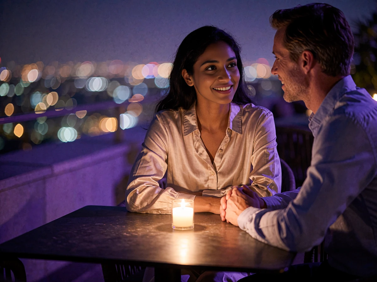 Indian woman and Western man sharing a candlelit dinner on a fine dining terrace above a city skyline at night