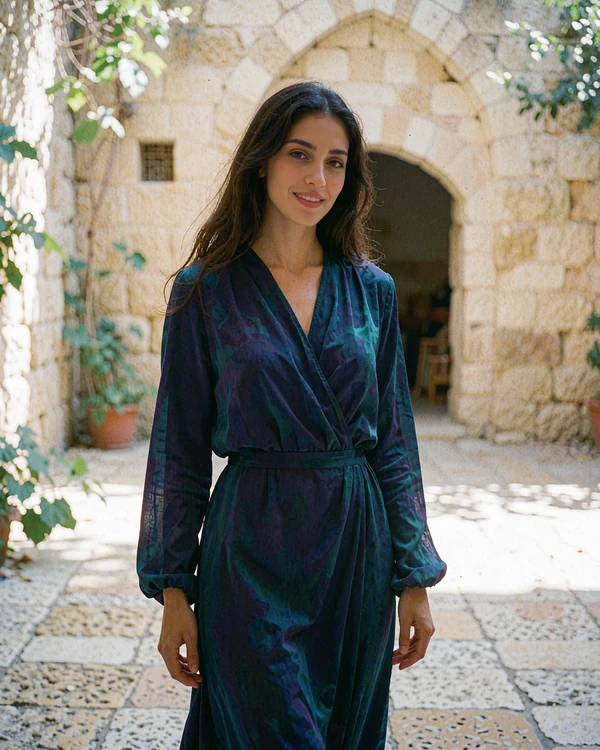 Jordanian member in a deep teal modest dress standing in a shaded stone courtyard