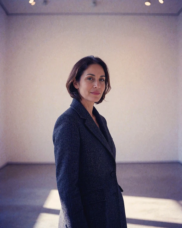 Armenian woman in a charcoal tailored coat in a minimal art gallery