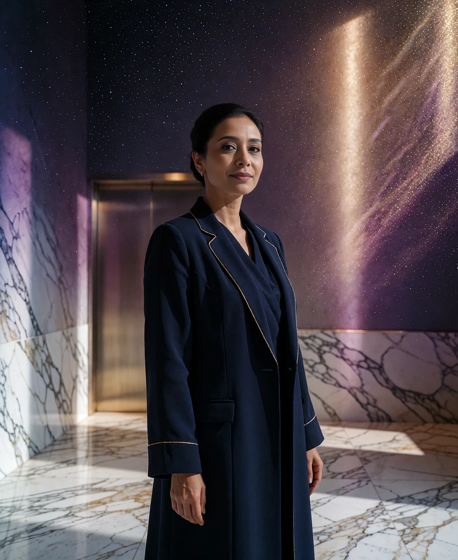 Bruneian member in a navy tailored coat with gold trim standing in a marble hotel lobby