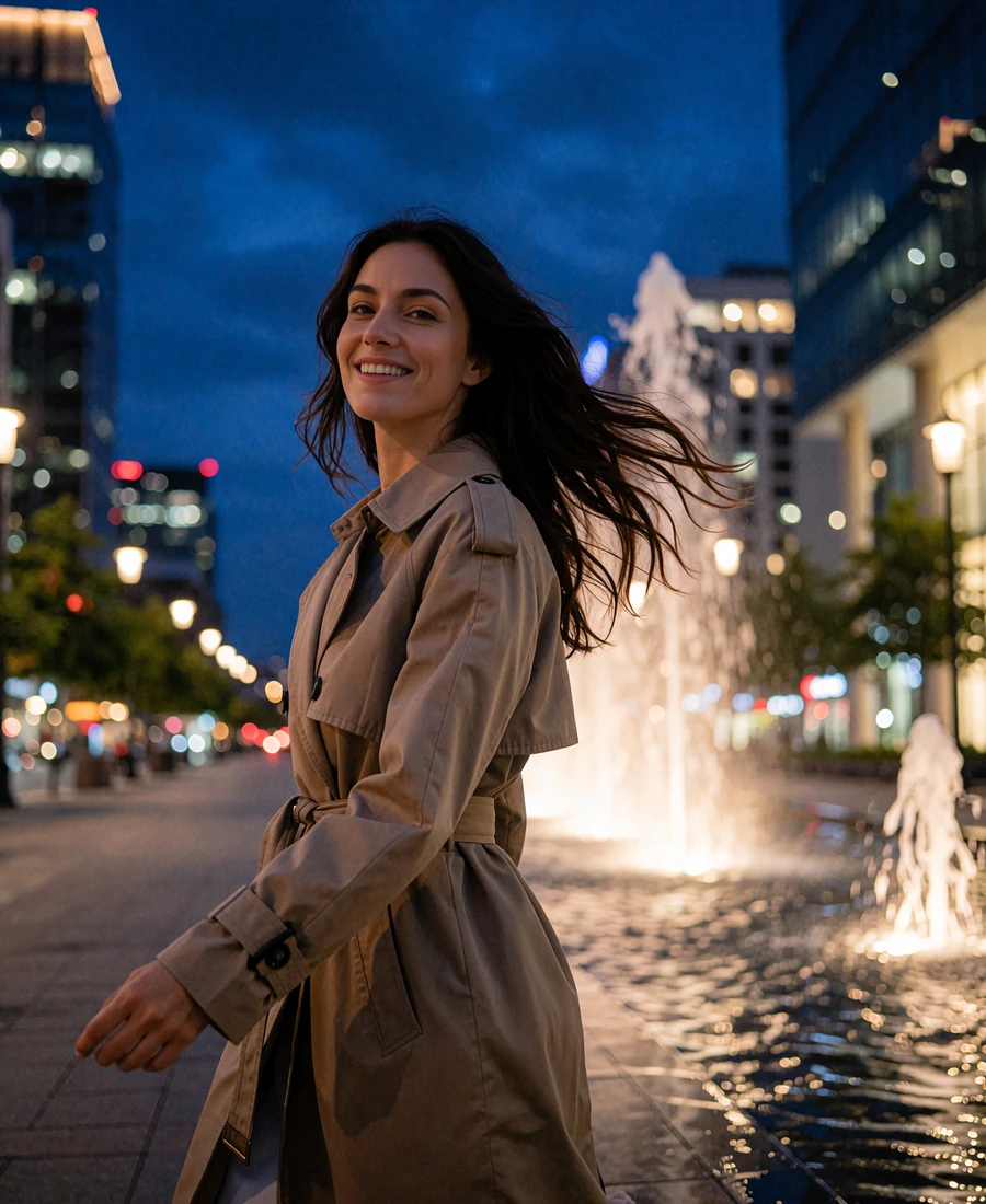 Kazakh member in a taupe trench coat walking along a city boulevard at dusk