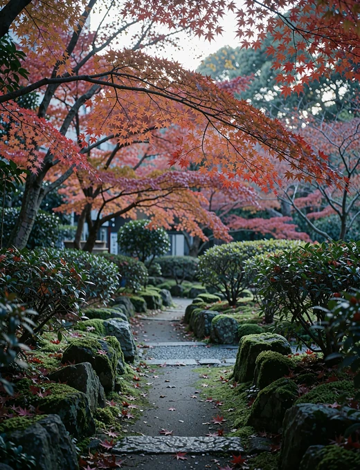 Quiet Tokyo park path in autumn, mossy stones underfoot and a canopy of crimson and copper maple leaves overhead