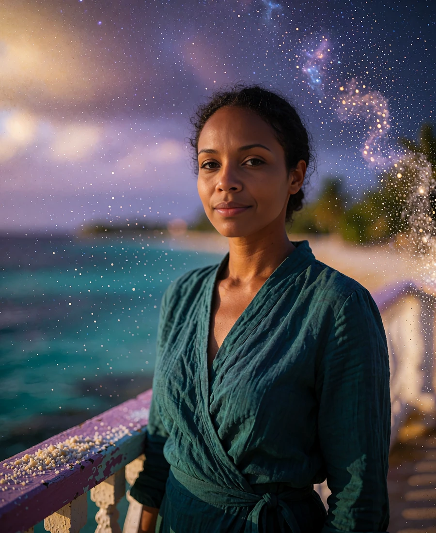 Timorese member in a deep teal wrap blouse standing on a seaside balcony overlooking a turquoise bay