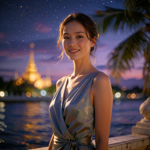 Thai woman in a refined dress on a riverside terrace at twilight