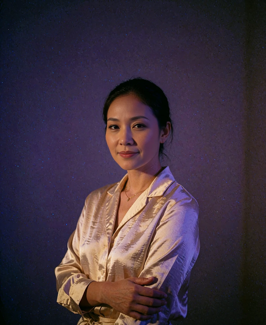Thai member in a champagne silk blouse standing in a dim silk-panelled lounge